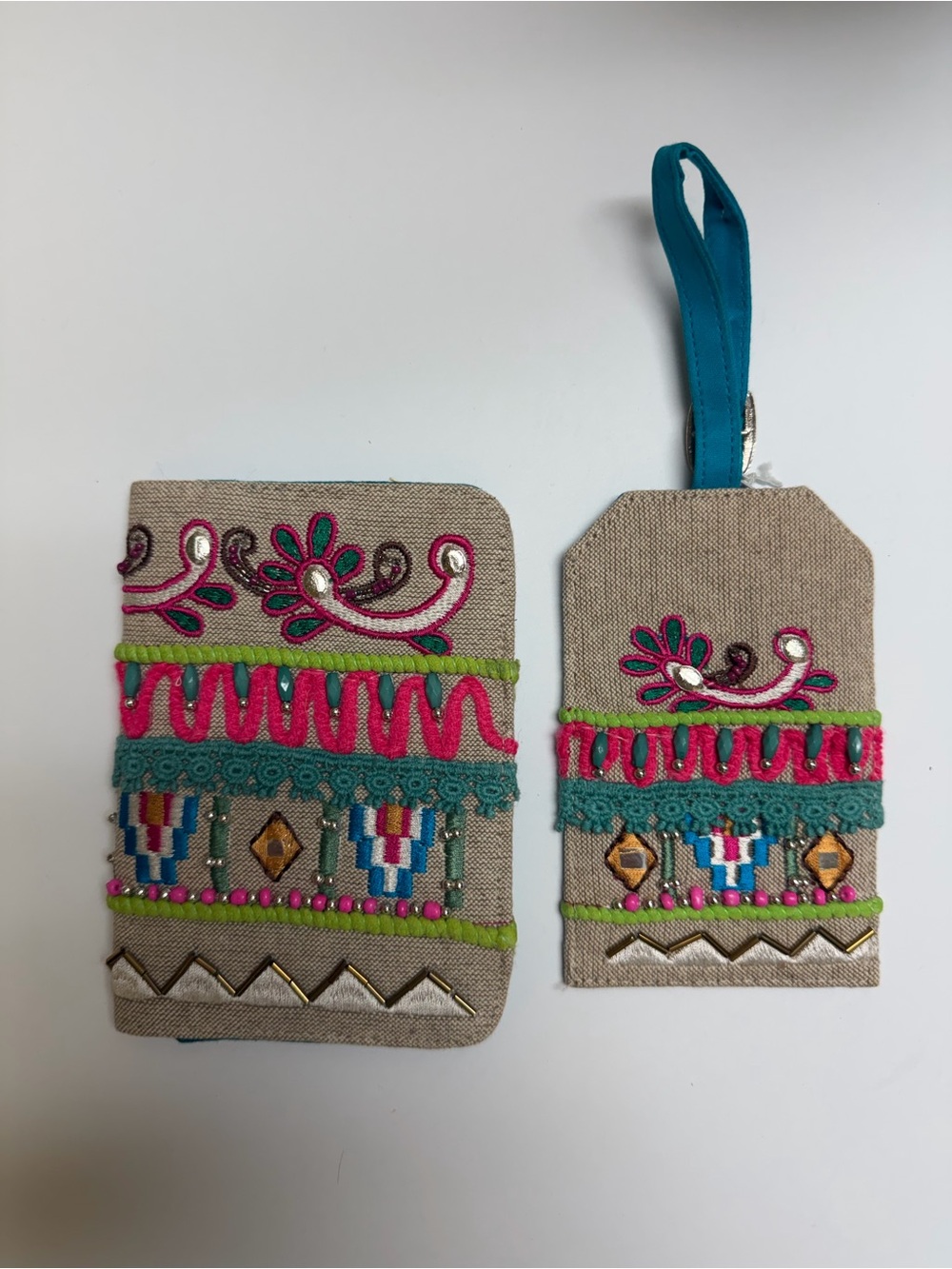 Pier 1 Embroidered Beige Fabric passport and Luggage tag